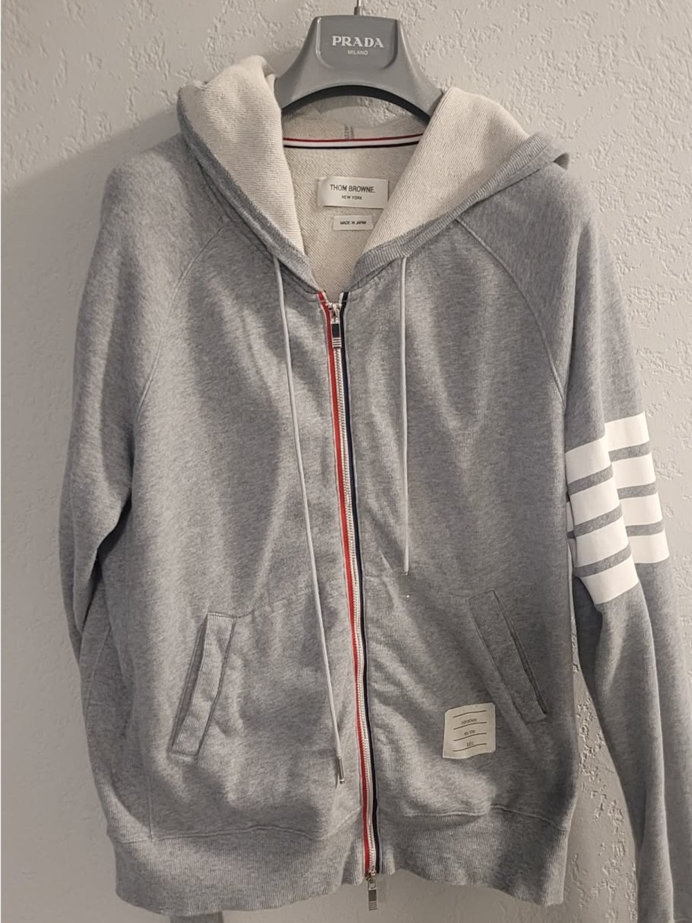 Authentic Thom Browne Gray Zip Hoodie with White Sleeve Stripes